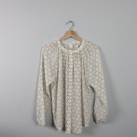 Club Monaco Printed Silk Blouse Women's Top S Button Up Popover Sleeve White 92 - Picture 1 of 11